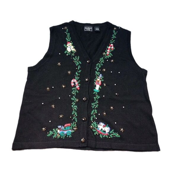 Southern Lady Black Christmas  Embroidered Ugly Sweater Vest Size Large VTG - Picture 1 of 12